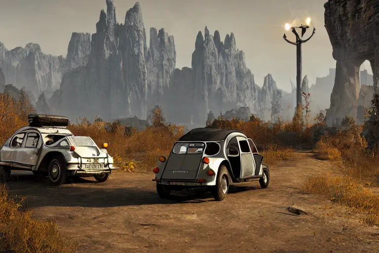 Image similar to offroad citroen 2 cv ( 1 9 6 5 ) of daedric design driving across the rift, daedric axe stored on the side of the car, leather and cloth traveller backpacks on roof, riften city in the background, epic fantasy, autumn, the elder scrolls v : skyrim, dramatic lighting, establishing shot, by simon stalenhag