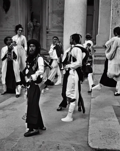 Image similar to Award winning reportage photo of Monegasque Natives with incredible hair wearing traditional garb by Garry Winogrand and Dian Arbus, 85mm ND 5, perfect lighting, gelatin silver process