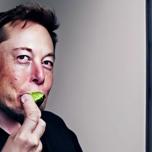 Prompt: a full portrait of elon musk who is eating a cucumber, f / 2 2, 3 5 mm, 2 7 0 0 k, lighting, perfect faces, award winning photography.