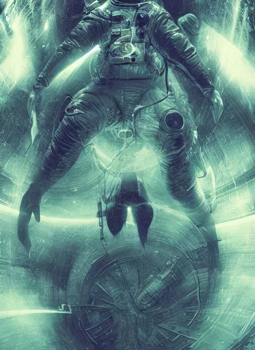 Image similar to astronaut in dark void underwater - complex and hyperdetailed technical suit design. reflection and dispersion materials. rays and dispersion of light. volumetric light. f / 3 2. noise film photo. flash photography. ultra realistic, 5 0 mm. poster by wayne barlowe, hajime sorayama aaron horkey, craig mullins