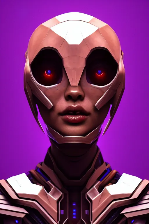 Prompt: beautiful portrait of friendly attractive alien cyborg, style of Feng Zhu, Artstation geometric, aesthetic, smooth skin, unique features, symmetrical, intricate crown, high fashion, streetwear, cyberpunk, detailed, octane render, cinematic, 8k, purple skin, brown skin