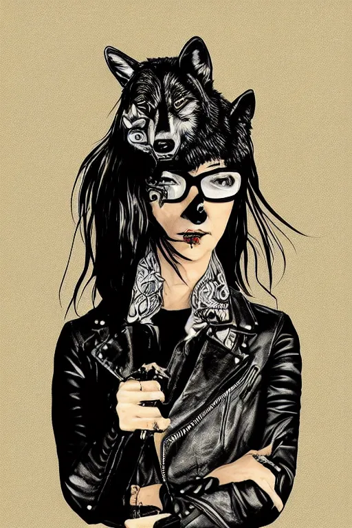 Prompt: portrait of a punk girl in a leather jacket wearing a wolf's head, artwork by boneface