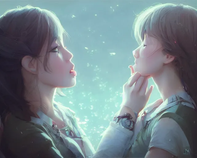 Image similar to two beautiful girls kissing, sharp details, sharp focus, elegant, highly detailed, illustration, by jordan grimmer and greg rutkowski and pine ( ハイネ ) and 薯 子 imoko and 香 川 悠 作 and wlop and maya takamura, intricate, beautiful, trending artstation, pixiv, digital art