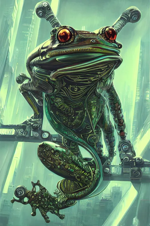 Prompt: cyberpunk frog android, fish eye lens, intricate, elegant, highly detailed, centered, digital painting, artstation, concept art, smooth, sharp focus, illustration, artgerm, donato giancola, Joseph Christian Leyendecker, WLOP, Boris Vallejo, Artgerm