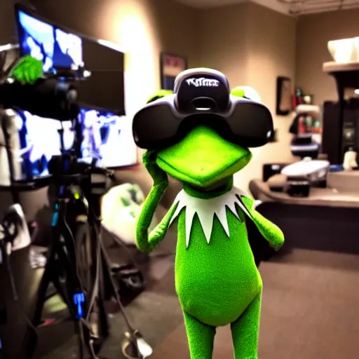 Prompt: Grainy 35mm photograph of surprised kermit the frog wearing VR, detailed