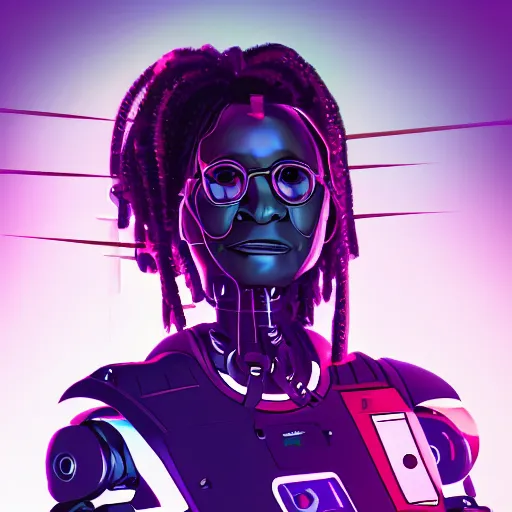 Image similar to cyberpunk robotic whoopi goldberg, sharp lines, digital, artstation, colored in