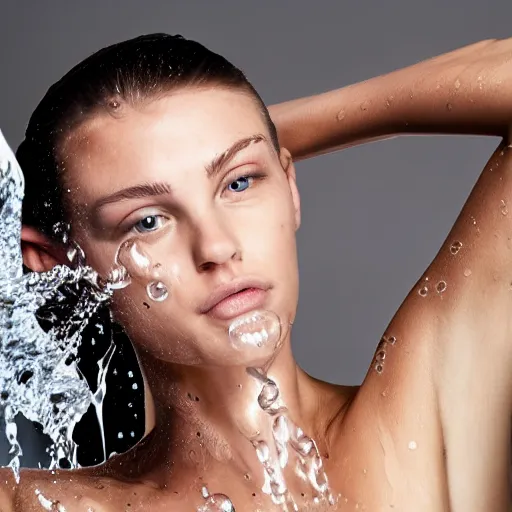 Prompt: A photo of a caucasian female model with water instead of hair