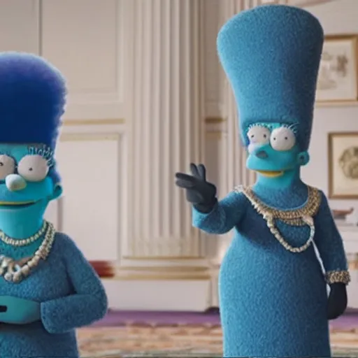 Prompt: movie still of marge simpson as the queen of england