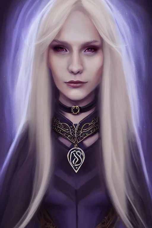 Image similar to portrait of a gorgeous female sorceress, looking at camera, D&D, choker on neck, stylish dark dress, arcane symbols, very long flowing blond hair, intricate, elegant, stylish, cute slightly nerdy smile, mouth slightly open, fantasy, extremely detailed, digital painting, artstation, concept art, smooth, sharp focus, illustration, stunning lighting, art by artgerm and greg rutkowski and alphonse mucha and simon stalenhag