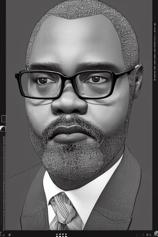 Prompt: Earl a 40-something african-american database administrator with low fade haircut, neatly trimmed and closely cropped black and grey beard, wearing square wire frame glasses with slightly raised eyebrows cinematic portrait, digital illustration, octane render trending on arstation by artgerm, raphaelite and mucha