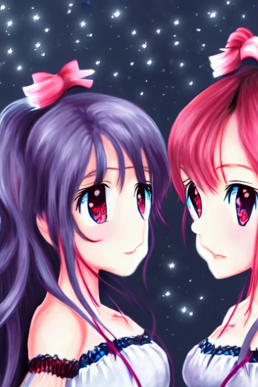 Image similar to two beautiful female idols with twintails facing each other, dark background, detailed anime art