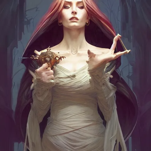 Image similar to A witch, D&D, intricate, elegant, highly detailed, digital painting, artstation, concept art, matte, sharp focus, illustration, art by Artgerm and Greg Rutkowski and Alphonse Mucha]