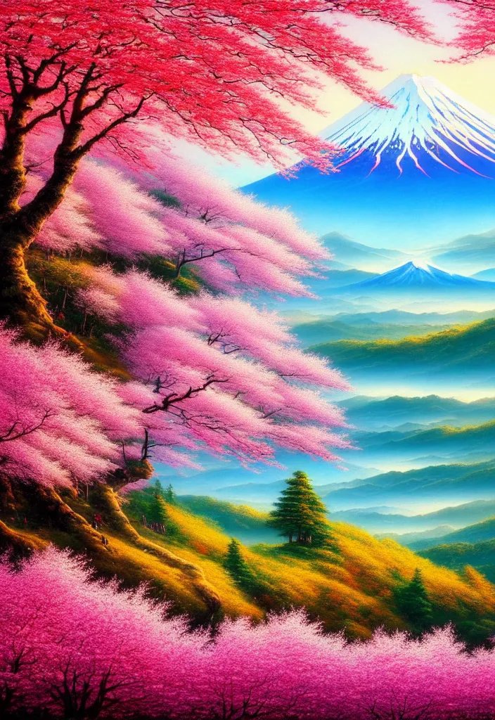 Image similar to a real photographic landscape painting with incomparable reality, wide angle, in forest, flowers, cherry blossom tree in full bloom, bright style, mount fuji, clearing, john howe, magnificent, artstation