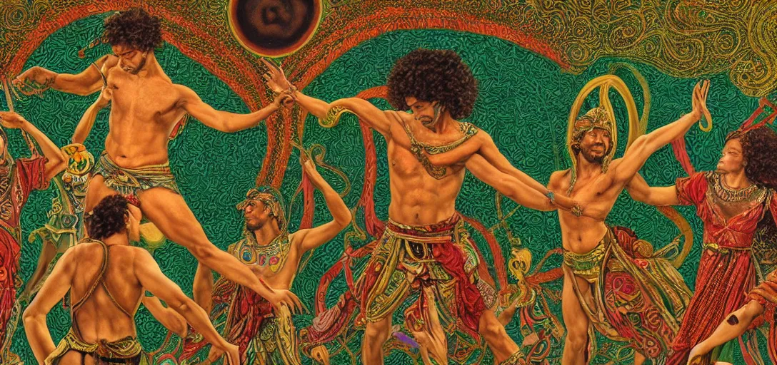 Image similar to an abstract spiritual background, multiracial greek gods dancing, green eyes. 2 4 mm, photorealistic, muted color scheme, directed by mati klarwein and mat collishaw