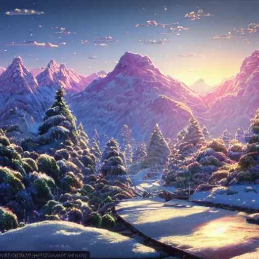 Image similar to the aesthetic view of the beautiful, grand, wistful, dreamy snowcapped mountain at dusk, hyperrealistic anime illustration by iralki nadar, colorful, extremely detailed, intricate linework, super sharp focus, bright colors, octopath traveler, studio ghibli, unreal engine 5 highly rendered, global illumination, radiant light, detailed and intricate environment