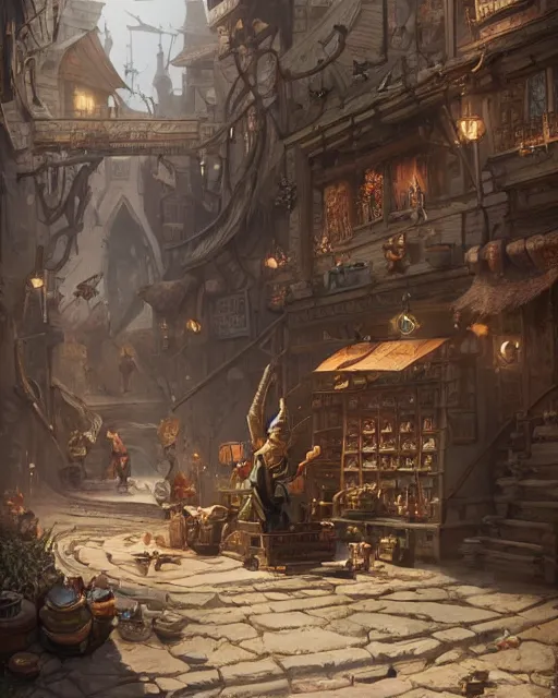 Prompt: A merchant selling treasuries, highly detailed store, fantasy art, goblin art, in the style of greg rutkowski, illustration, epic, fantasy, intricate, hyper detailed, artstation, concept art, smooth, sharp focus, ray tracing