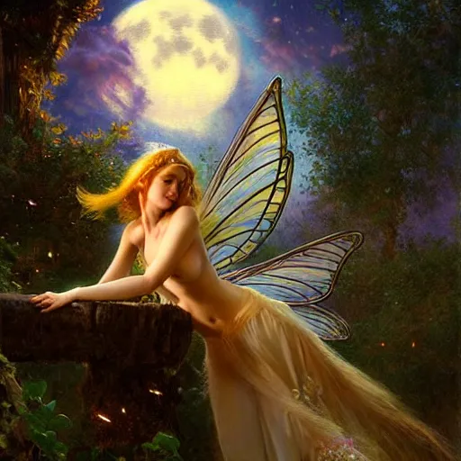 Image similar to attractive fairy magically floating high in the night, fantasy, full moon in background. highly detailed painting by gaston bussiere, craig mullins, j. c. leyendecker, mid shot, 8 k realistic, cryengine, frostbite 3 engine, sharp focus