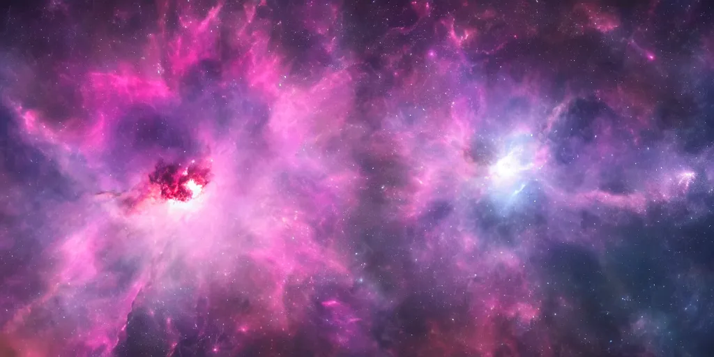 Image similar to magnificent photography of a nebula in deep space landscape, pink and purple chaotic clouds, stars, unreal engine render, nasa, artstation, deviantart, 8 k