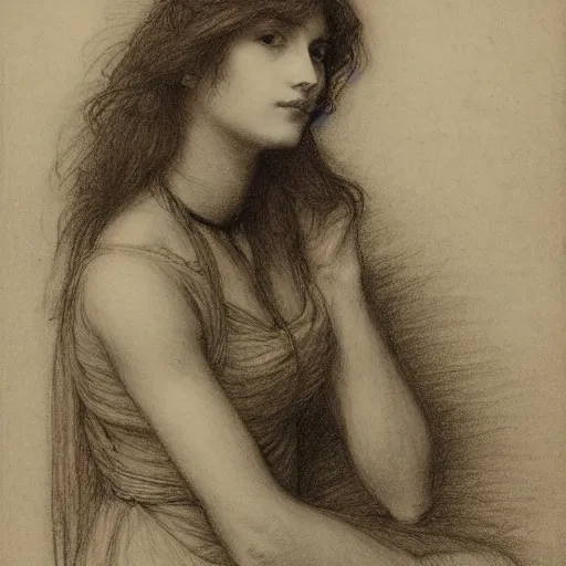 Image similar to pencil drawing of a woman, John William Waterhouse, Rossetti, John Everett Millais, serene, pre-Raphaelite, detailed, 19th-century