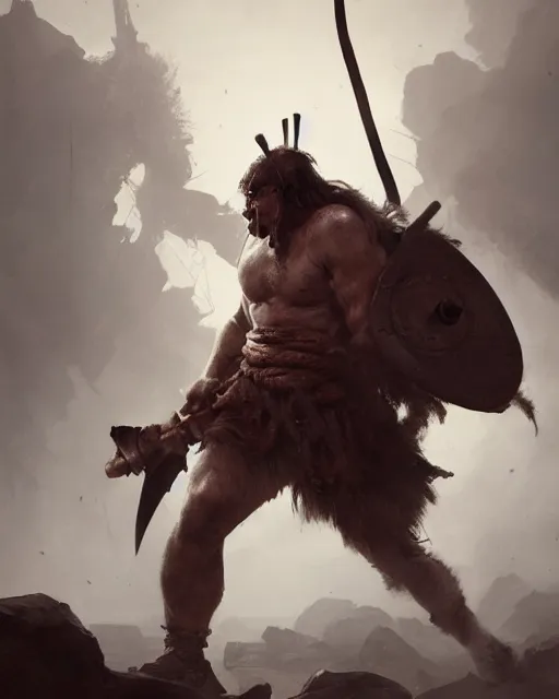 Image similar to hyper realistic photo of barbarian warrior, full body, cinematic, artstation, cgsociety, greg rutkowski, james gurney, mignola