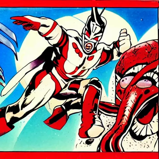 Prompt: ultraman fighting with a huge worm monster