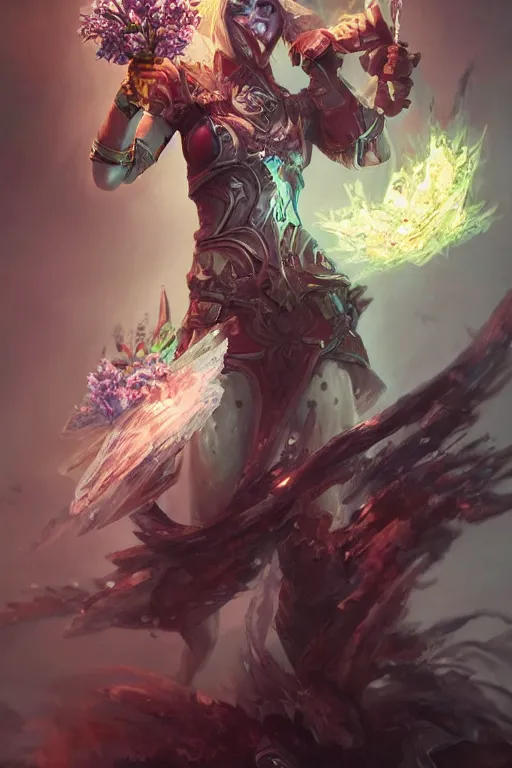 Image similar to beautiful girl necromancer covered with ice exploding into blood, practical armor, heroes of the storm, 3 d render, hyper realistic detailed portrait, holding magic flowers, ruan jia, wlop. scifi, fantasy, hyper detailed, octane render, concept art, peter mohrbacher