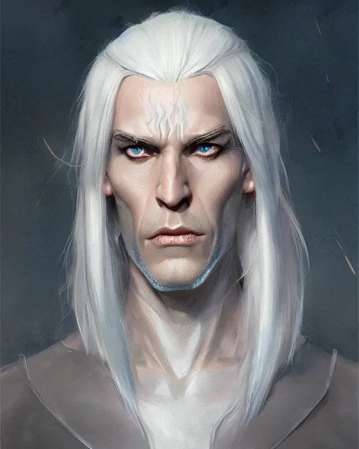 Prompt: character portrait of a slender half - elven man with white hair, piercing blue eyes and pale bluish skin, by greg rutkowski, mark brookes, jim burns, tom bagshaw, trending on artstation