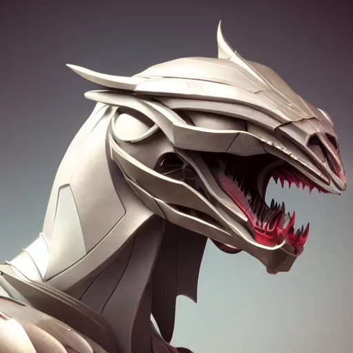 Image similar to stunning headshot of a beautiful anthropomorphic robot female dragon, with smooth and streamlined armor, standing and posing elegantly, well detailed dragon head with epic LED eyes and a warm maw, sharp and dangerous sleek design, two arms, beautiful digital art, artstation, DeviantArt, FurAffinity, professional, depth of field, close-up, hd, octane render, sunset lighting