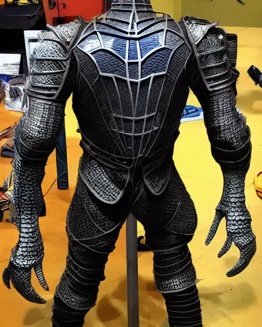 Image similar to super detailed photo realistic brute armor designed at horizon labs to help protect peter after the loss of his spider - sense, black and yellow spiderman suit