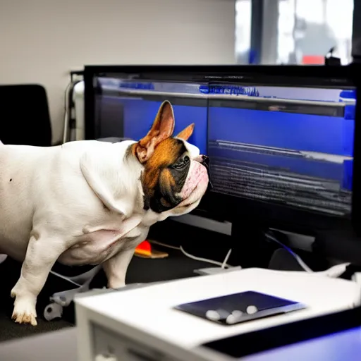 Prompt: a french bull dog working on building his own computer at work