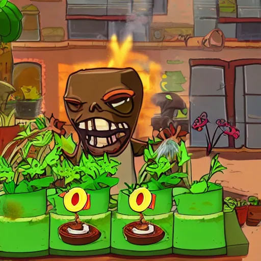 Prompt: a photo of Crazey Dave Blazing III from plants vs zombies wearing a pot on his head and watering his plants at the golden hour