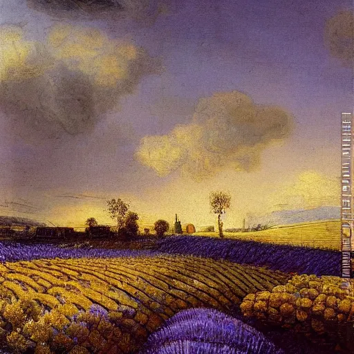 Prompt: oil painting of lavender field, highly detailed, golden hour by rembrandt van rijn