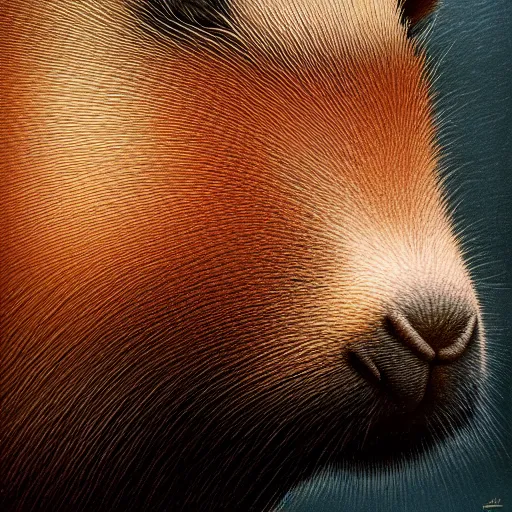 Image similar to a portrait of a capybara wearing, anatomically correct, beautiful perfect face, enigmatic, oil painting, matte, black background, volumetric dynamic lighting, highly detailed, cinematic lighting, unreal engine, 8 k, hd, by beksinski