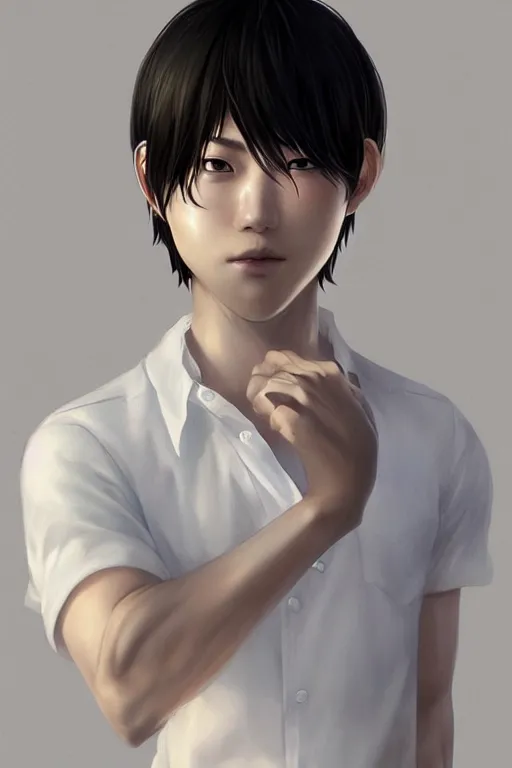 Image similar to a beautiful charming and dreamlike japanese boy in white shirt, character art, art by artgerm lau and kyoung hwan kim and and ilya kuvshinov and john singer sargent, hyperdetailed, 8 k realistic, symmetrical, frostbite 3 engine, cryengine, dof, trending on artstation, digital art