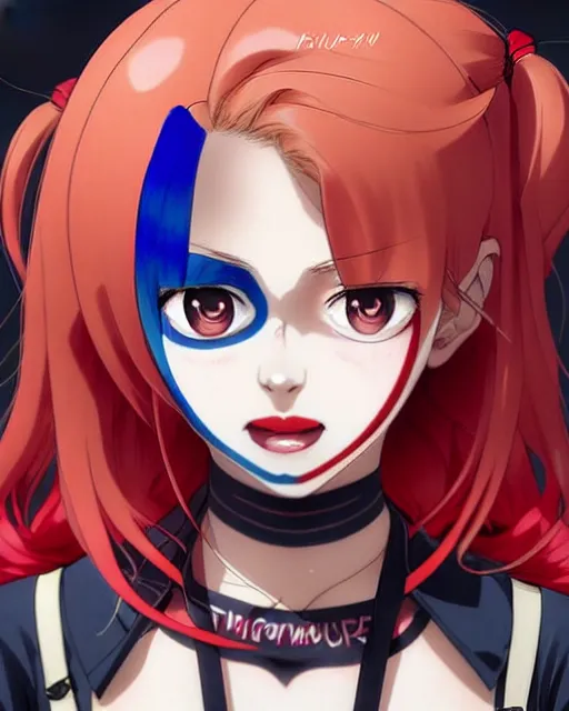 Image similar to portrait Anime as modern harley-quinn character girl cute-fine-face, brown-red-hair pretty face, realistic shaded Perfect face, fine details. Anime. realistic shaded lighting by Ilya Kuvshinov katsuhiro otomo ghost-in-the-shell, magali villeneuve, artgerm, rutkowski, WLOP Jeremy Lipkin and Giuseppe Dangelico Pino and Michael Garmash and Rob Rey