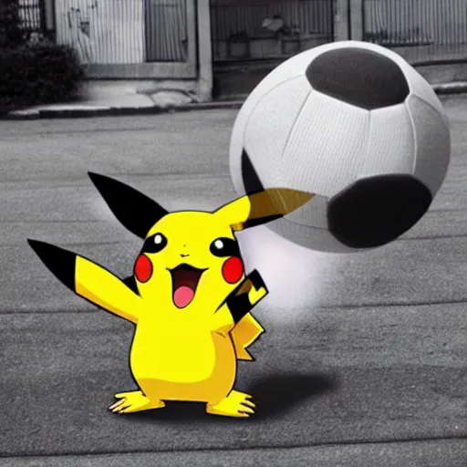 Prompt: pikachu kicking a giant ball