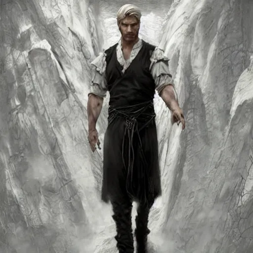 Image similar to a young Nikolaj Coster-Waldau with white hair, a white tunic and a black vest, fantasy art, digital painting, by Heise Jinyao, Heise-Lian Yan Fang, feimo, Richard Taddei, trending on ArtStation, concept art, cgsociety, octane render, trending on artstation, artstationHD, artstationHQ, unreal engine, 8k