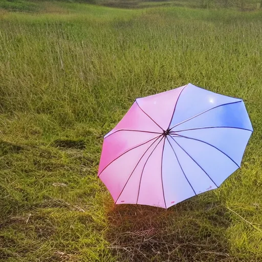 Prompt: a pastel coloured Polaroid photo of a sunbed and umbrella made of transparent iridescent perspex stood in a field, beams of light, nostalgic