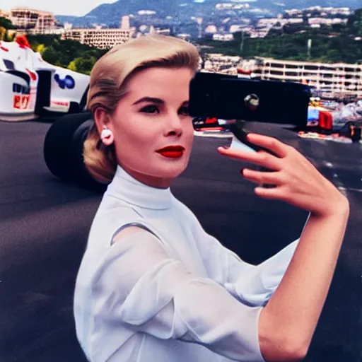 Image similar to selfie smartphone photo of a young Grace Kelly at the 2022 Monaco Gran Prix, F1 cars blurred in background, iphone photo, iPhone 12 camera, lens flares, smartphone resolution, high resolution