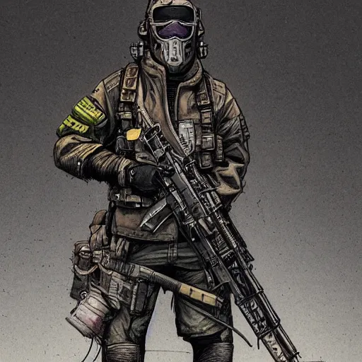 Prompt: cyberpunk soldier in tactical gear with a rifle, Industrial Scifi, detailed illustration, Chiaroscuro, concept art, by Martin Grip and Moebius