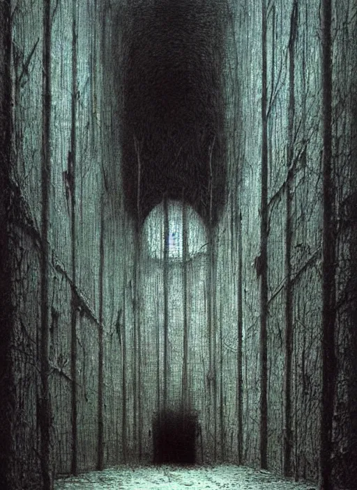 Image similar to an interior by zdzislaw beksinski, immaculate scale, dystopian surrealism, concept art, digital art, dark atmosphere