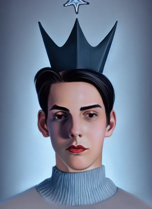 Image similar to portrait of teenage jughead jones wearing a light grey crown, crown, blue turtleneck, 1 9 5 0 s, closed eyes, photorealistic, black hair, glowing lighting, intricate, elegant, glowing lights, highly detailed, digital painting, artstation, concept art, smooth, sharp focus, illustration, art by wlop, mars ravelo and greg rutkowski