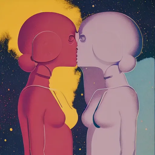 Image similar to portrait of two girls making out and love in astronaut suit by Andy warhol and Petros Afshar and Beeple, Edward Hopper and James Gilleard, Zdzislaw Beksinski, Mark Ryden, Wolfgang Lettl highly detailed