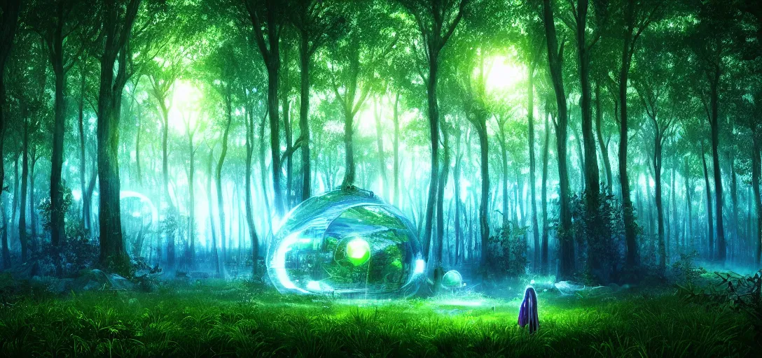 Prompt: beautiful glowing forest, white city far away, blue sky, alien round shape, green plants, futuristic, magical feeling, detailed, digital art