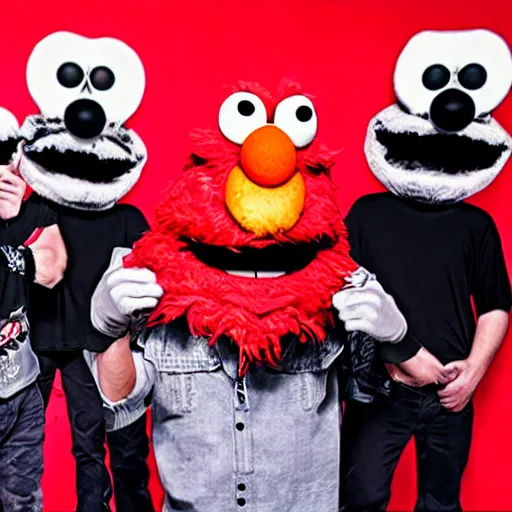 Image similar to elmo in a satanic metal band