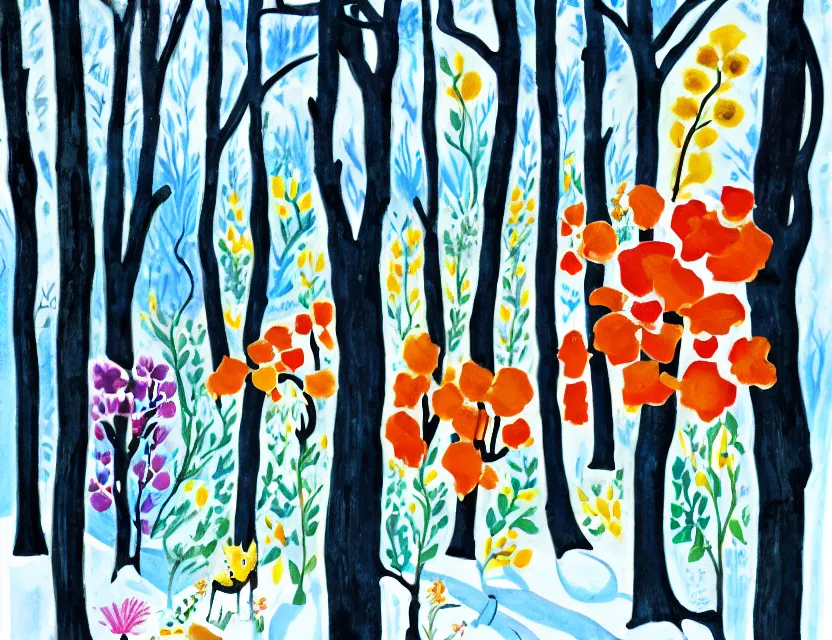 Image similar to winter woods where there's an animal spirit of flowers. gouache, limited palette with complementary colors, children's cartoon, backlighting, bold composition, depth of field.