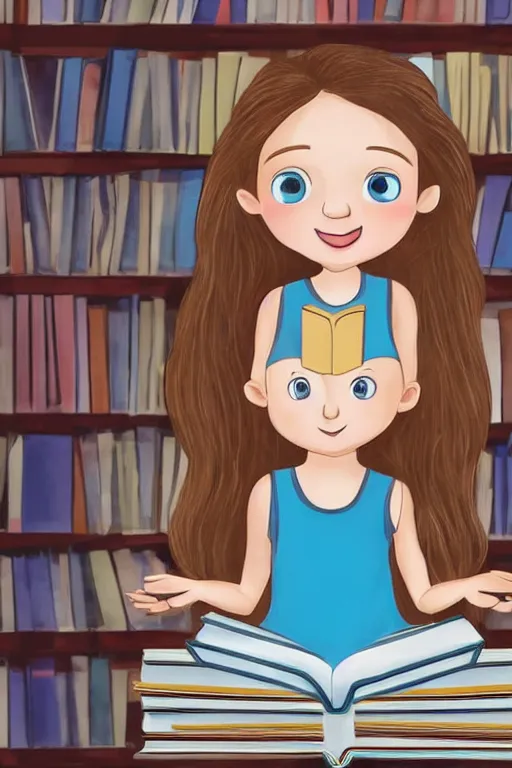 Prompt: a little girl with wavy light brown hair and blue eyes sits cross legged on top of a tall pile of books. she is reading. clean elegant pretty cartoon painting, beautiful detailed face, soft outlines, storybook illustration.