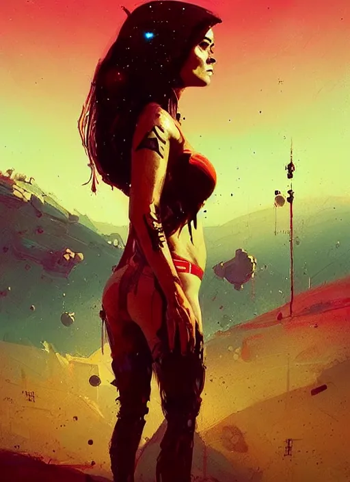 Image similar to sci - fi art, salma hayek as mars queen, red peaks in the background, art by ismail inceoglu