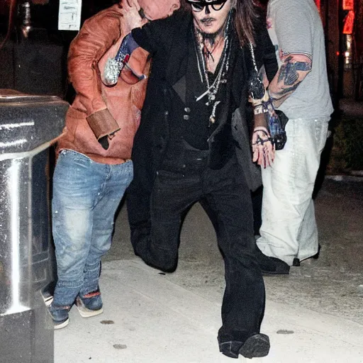 Image similar to johnny depp stumbling out of a bar at 3 am