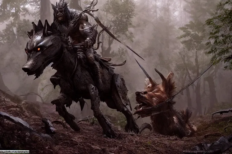 Image similar to vfx movie closeup detailed ancient armored warrior orc hunting riding large wolf in the forest, natural lighting by emmanuel lubezki